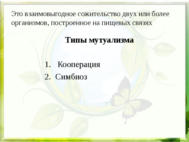 Это взаимовыгодное сожительство двух или более организмов, построенное на пищевых связях  Типы мутуализма  Кооперация Симбиоз  