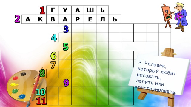 3. Человек, который любит рисовать, лепить или конструировать. А К Г В У А А Р Ш Ь Е Л Ь 