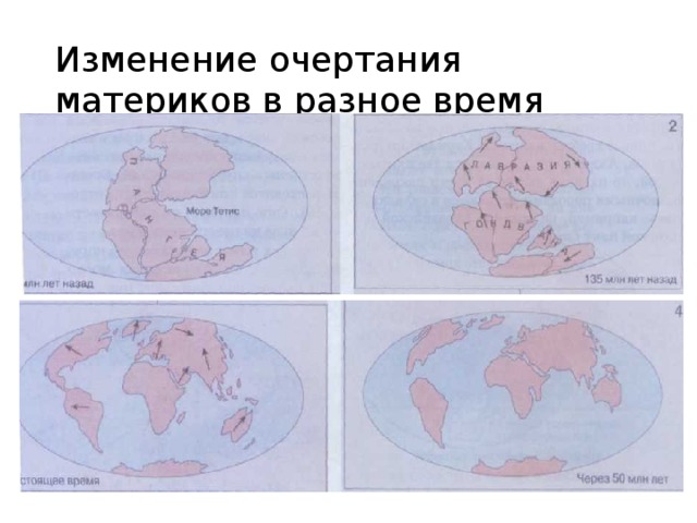 Изменение очертания материков в разное время  