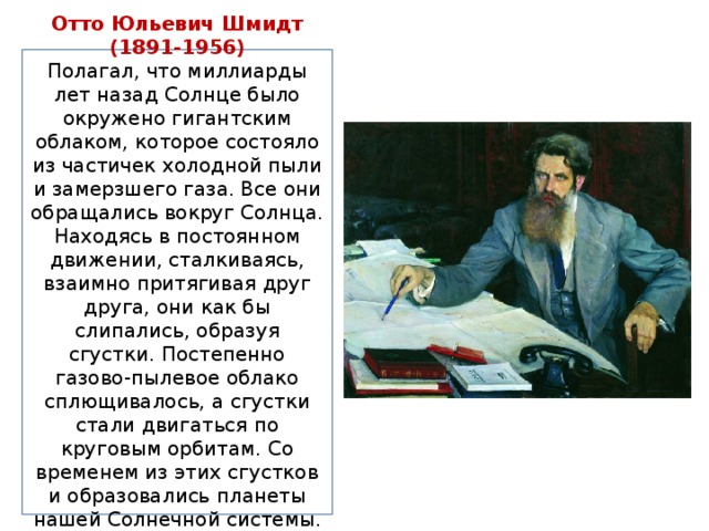 Отто Юльевич Шмидт (1891-1956) Полагал, что миллиарды лет назад Солнце было окружено гигантским облаком, которое состояло из частичек холодной пыли и замерзшего газа. Все они обращались вокруг Солнца. Находясь в постоянном движении, сталкиваясь, взаимно притягивая друг друга, они как бы слипались, образуя сгустки. Постепенно газово-пылевое облако сплющивалось, а сгустки стали двигаться по круговым орбитам. Со временем из этих сгустков и образовались планеты нашей Солнечной системы. 