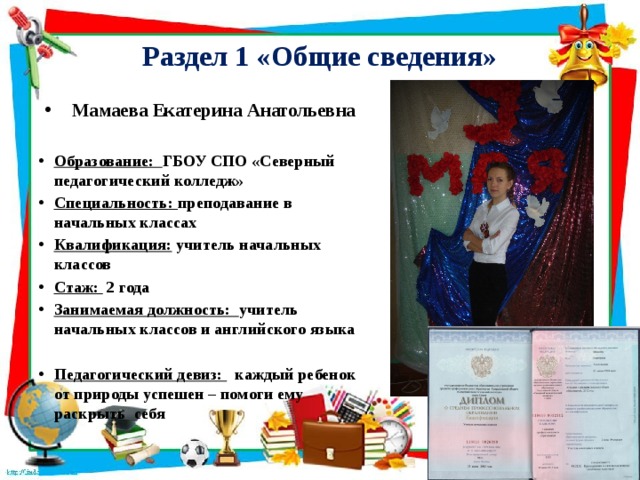 Раздел 1 «Общие сведения» Мамаева Екатерина Анатольевна  Образование: ГБОУ СПО «Северный педагогический колледж» Специальность: преподавание в начальных классах Квалификация: учитель начальных классов Стаж: 2 года Занимаемая должность: учитель начальных классов и английского языка  Педагогический девиз: каждый ребенок от природы успешен – помоги ему раскрыть себя 
