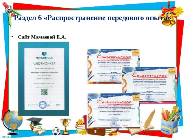 Раздел 6 «Распространение передового опыта» Публикации методических разработок на сайте «Мультиурок» Сайт Мамаевой Е.А.  