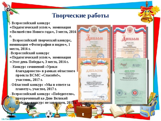 Творческие работы - Всероссийский конкурс « Педагогический успех » , номинация « Волшебство Нового года » , 3 место, 2016 г.  - Всероссийский творческий конкурс, номинация « Фотография и видео » , 1 место, 2016 г. Всероссийский конкурс « Педагогический успех » , номинация « Этот день Победы » , 3 место, 2016 г.  - Конкурс сочинений «Уроки благодарности» в рамках областного проекта ВСМС «Спасибо!», участник, 2017 г. - Областной конкурс «Мы в ответе за планету», участие, 2017 г. - Всероссийский конкурс «Победители», приуроченный ко Дню Великой Победы, конкурс не завершен, 2017 г.   