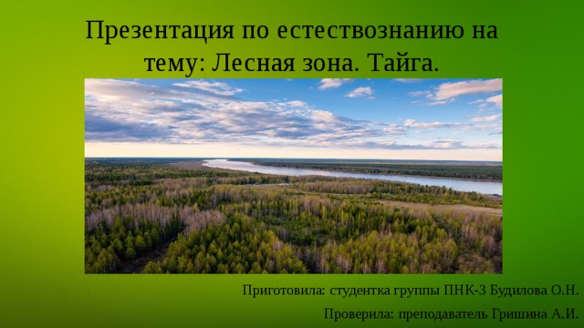 Презентация по естествознанию на тему: Лесная зона. Тайга. Приготовила: студентка группы ПНК-3 Будилова О.Н. Проверила: преподаватель Гришина А.И. 
