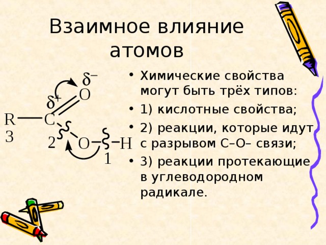 Взаимное влияние атомов Химические свойства могут быть трёх типов: 1) кислотные свойства; 2) реакции, которые идут с разрывом С–О– связи; 3) реакции протекающие в углеводородном радикале. 