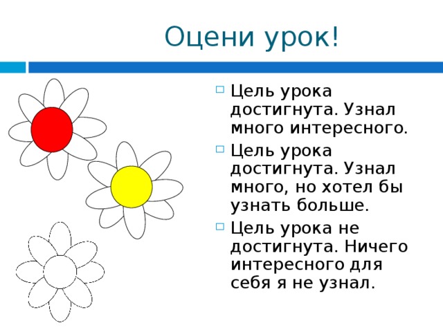  Оцени урок! Цель урока достигнута. Узнал много интересного. Цель урока достигнута. Узнал много, но хотел бы узнать больше. Цель урока не достигнута. Ничего интересного для себя я не узнал. 