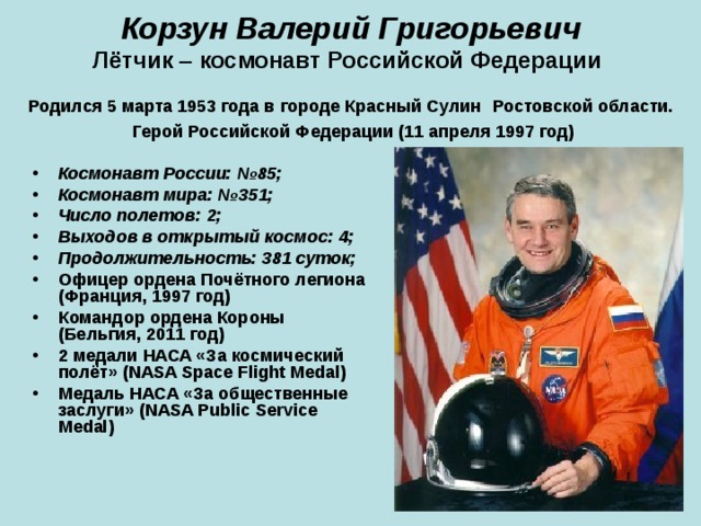 Корзун Валерий Григорьевич  Лётчик – космонавт Российской Федерации   Родился 5 марта 1953 года в городе Красный Сулин  Ростовской области.  Герой Российской Федерации (11 апреля 1997 год) Космонавт России: №85; Космонавт мира: №351; Число полетов: 2; Выходов в открытый космос: 4; Продолжительность: 381 суток; Офицер ордена Почётного легиона (Франция, 1997 год) Командор ордена Короны (Бельгия, 2011 год) 2 медали НАСА «За космический полёт» (NASA Space Flight Medal) Медаль НАСА «За общественные заслуги» (NASA Public Service Medal)  