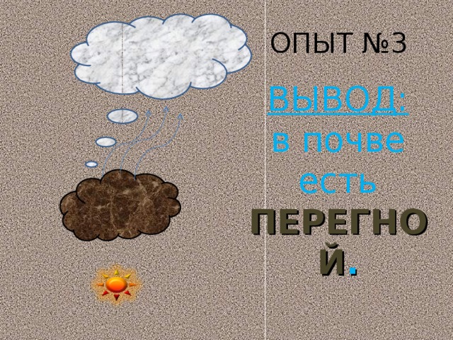 ОПЫТ №3 ВЫВОД: в почве есть ПЕРЕГНОЙ . 