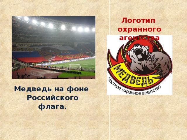 Логотип охранного агентства Медведь на фоне Российского флага.