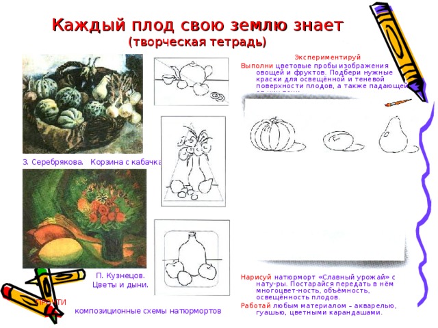 Каждый плод свою землю знает  (творческая тетрадь) Экспериментируй Выполни цветовые пробы изображения овощей и фруктов. Подбери нужные краски для освещённой и теневой поверхности плодов, а также падающей от них тени.  З. Серебрякова. Корзина с кабачками. П. Кузнецов. Цветы и дыни.    ПРОЧТИ  Нарисуй натюрморт «Славный урожай» с нату-ры. Постарайся передать в нём многоцвет-ность, объёмность, освещённость плодов. Работай любым материалом – акварелью, гуашью, цветными карандашами. композиционные схемы натюрмортов 