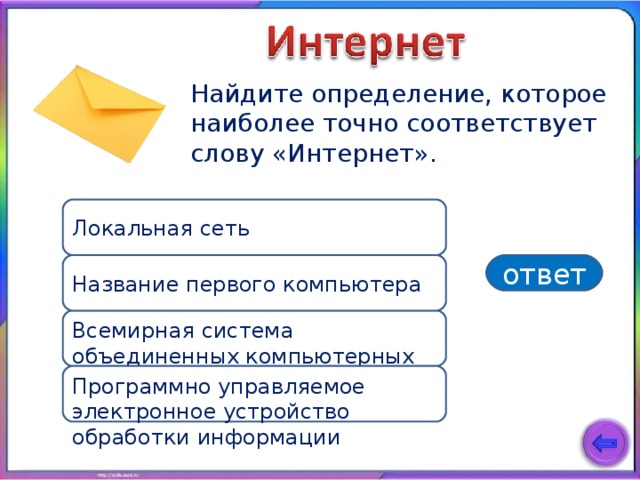 Найдите определение, которое наиболее точно соответствует слову «Интернет». Локальная сеть Название первого компьютера ответ Всемирная система объединенных компьютерных сетей Программно управляемое электронное устройство обработки информации 