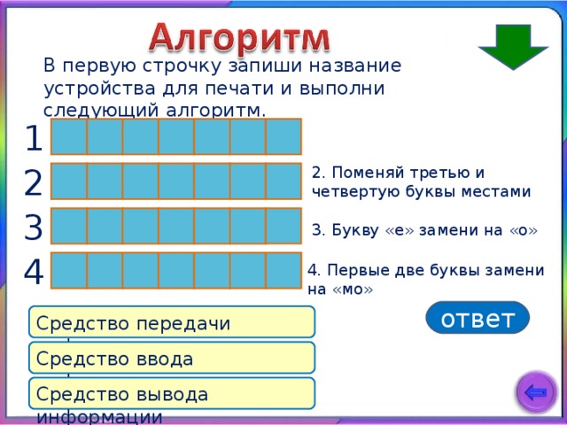 В первую строчку запиши название устройства для печати и выполни следующий алгоритм. 1 2. Поменяй третью и четвертую буквы местами 2 3 3. Букву «е» замени на «о» 4 о н и т о р м 4. Первые две буквы замени на «мо» ответ Средство передачи информации Средство ввода информации Средство вывода информации 