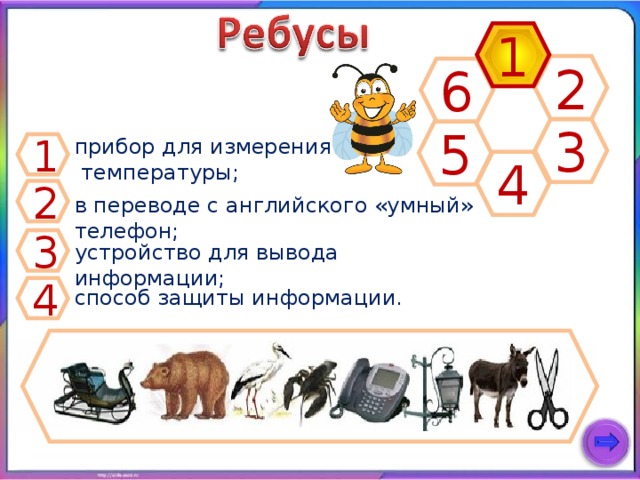 1 2 6 3 5 прибор для измерения  температуры; 1 4 2 в переводе с английского «умный» телефон; 3 устройство для вывода информации; 4 способ защиты информации. 