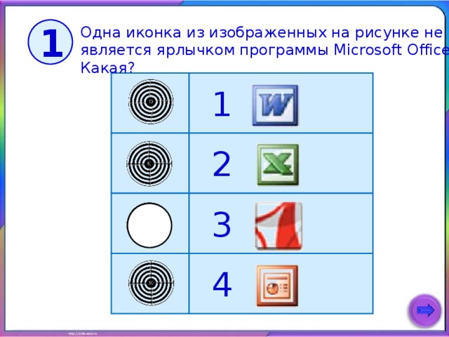 1 Одна иконка из изображенных на рисунке не является ярлычком программы Microsoft Office. Какая? 1 2 3 4 