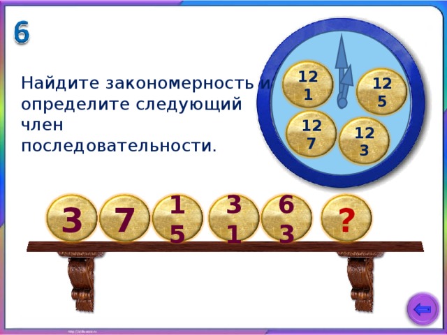 121 Найдите закономерность и определите следующий член последовательности.  125 127 123 63 31 7 ? 15 3 