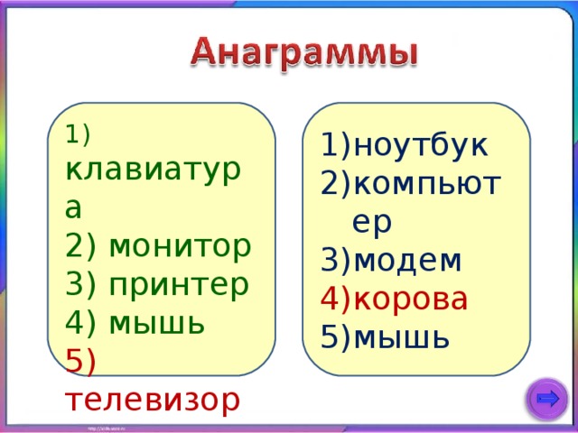 1) клавиатура 2) монитор 3) принтер 4) мышь ноутбук компьютер модем 5) телевизор корова мышь 