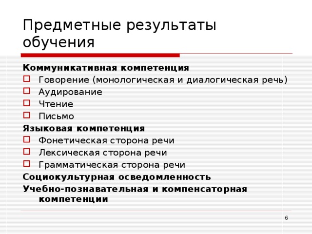 Предметные результаты обучения Коммуникативная компетенция Говорение (монологическая и диалогическая речь) Аудирование Чтение Письмо Языковая компетенция Фонетическая сторона речи Лексическая сторона речи Грамматическая сторона речи Социокультурная осведомленность Учебно-познавательная и компенсаторная компетенции  