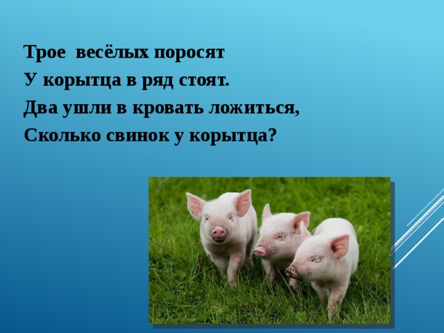 Трое весёлых поросят У корытца в ряд стоят. Два ушли в кровать ложиться, Сколько свинок у корытца? 