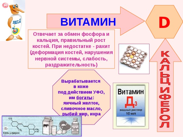 D ВИТАМИН  Отвечает за обмен фосфора и кальция, правильный рост костей. При недостатке - рахит (деформация костей, нарушения нервной системы, слабость, раздражительность) Вырабатывается в коже под действием УФО, им богаты : яичный желток, сливочное масло, рыбий жир, икра 