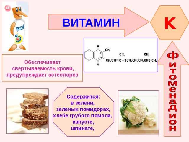 K ВИТАМИН  Обеспечивает  свертываемость крови, предупреждает остеопороз Содержится : в зелени, зеленых помидорах, хлебе грубого помола,  капусте, шпинате, 
