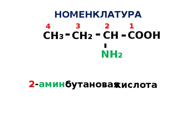 - НОМЕНКЛАТУРА 1 2 3 4 - - - СН СООН СН 2 СН 3 NН 2 2 - амино бутановая кислота 