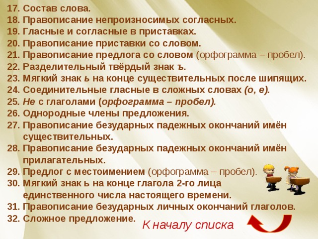17. Состав слова. 18. Правописание непроизносимых согласных. 19. Гласные и согласные в приставках. 20. Правописание приставки со словом. 21. Правописание предлога со словом (орфограмма – пробел). 22. Разделительный твёрдый знак ъ . 23. Мягкий знак ь на конце существительных после шипящих. 24. Соединительные гласные в сложных словах (о, е). 25 . Не с глаголами ( орфограмма – пробел). 26. Однородные члены предложения. 27. Правописание безударных падежных окончаний имён существительных. 28. Правописание безударных падежных окончаний имён прилагательных. 29. Предлог с местоимением (орфограмма – пробел). 30. Мягкий знак ь на конце глагола 2-го лица единственного числа настоящего времени. 31. Правописание безударных личных окончаний глаголов. 32. Сложное предложение. К началу списка 