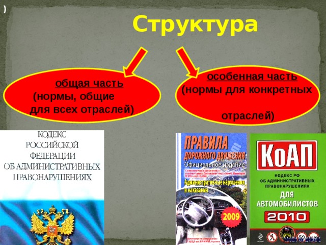  Структура )  особенная часть (нормы для конкретных  отраслей)  общая часть  (нормы, общие для всех отраслей) 