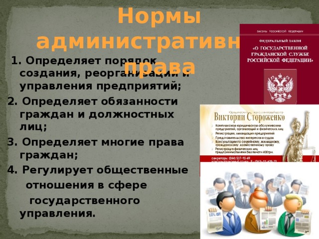 Нормы административного права  1. Определяет порядок создания, реорганизации и  управления предприятий;  2. Определяет обязанности граждан и должностных  лиц;  3. Определяет многие права граждан;  4. Регулирует общественные  отношения в сфере  государственного управления. 