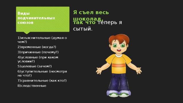 Я съел весь шоколад, Виды подчинительных союзов так что теперь я сытый. 1)изъяснительные (думая о чем?) 2)временные (когда?) 3)причинные (почему?) 4)условные (при каком условии?) 5)целевые (зачем?) 6)уступительные (несмотря на что?) 7)сравнительные (как кто?) 8)следственные 