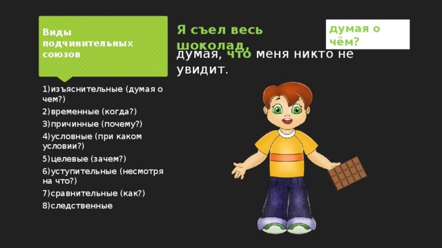 думая о чём? Я съел весь шоколад, Виды подчинительных союзов думая, что меня никто не увидит. 1)изъяснительные (думая о чем?) 2)временные (когда?) 3)причинные (почему?) 4)условные (при каком условии?) 5)целевые (зачем?) 6)уступительные (несмотря на что?) 7)сравнительные (как?) 8)следственные 