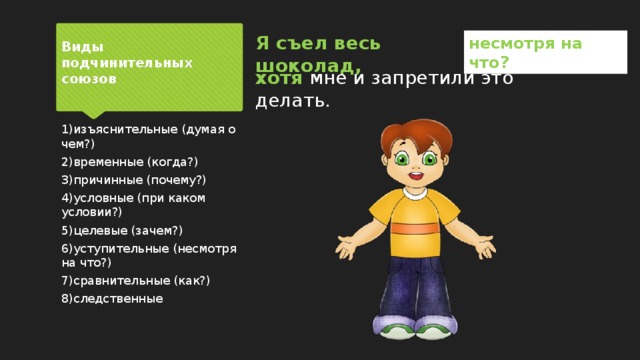 Я съел весь шоколад, несмотря на что? Виды подчинительных союзов хотя мне и запретили это делать. 1)изъяснительные (думая о чем?) 2)временные (когда?) 3)причинные (почему?) 4)условные (при каком условии?) 5)целевые (зачем?) 6)уступительные (несмотря на что?) 7)сравнительные (как?) 8)следственные 