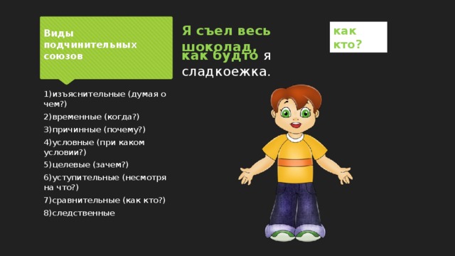 Я съел весь шоколад, как кто? Виды подчинительных союзов как будто я сладкоежка. 1)изъяснительные (думая о чем?) 2)временные (когда?) 3)причинные (почему?) 4)условные (при каком условии?) 5)целевые (зачем?) 6)уступительные (несмотря на что?) 7)сравнительные (как кто?) 8)следственные 