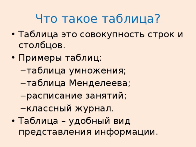 Что такое таблица? Таблица это совокупность строк и столбцов. Примеры таблиц: таблица умножения; таблица Менделеева; расписание занятий; классный журнал. таблица умножения; таблица Менделеева; расписание занятий; классный журнал. Таблица – удобный вид представления информации. 