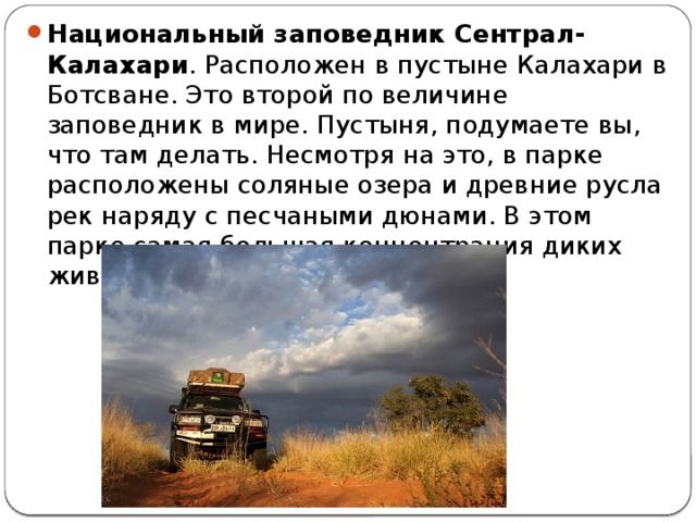 Национальный заповедник Сентрал-Калахари . Расположен в пустыне Калахари в Ботсване. Это второй по величине заповедник в мире. Пустыня, подумаете вы, что там делать. Несмотря на это, в парке расположены соляные озера и древние русла рек наряду с песчаными дюнами. В этом парке самая большая концентрация диких животных в мире. 