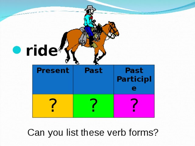 ride  Present ? Past Past Participle ? ? Can you list these verb forms? 