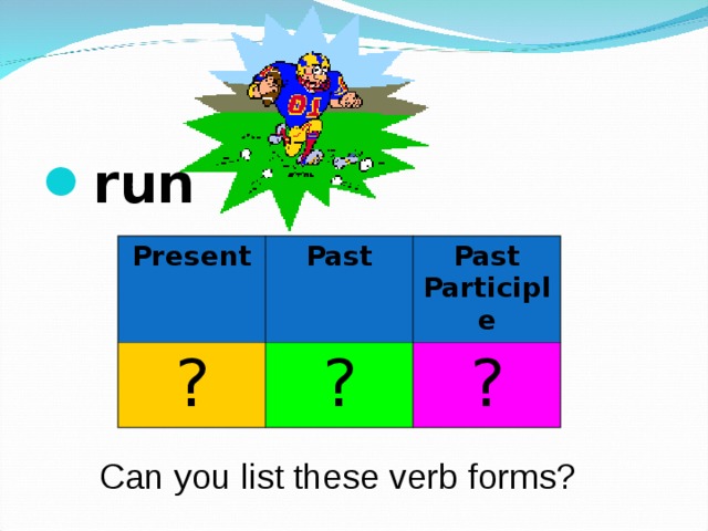 run  Present ? Past Past Participle ? ? Can you list these verb forms? 