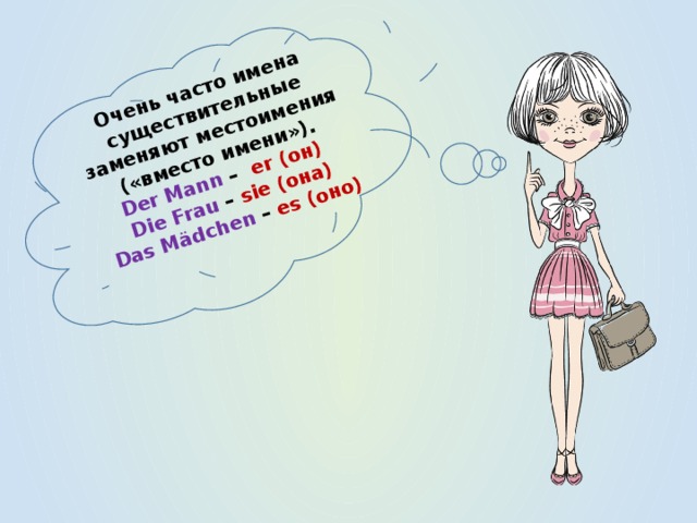 Очень часто имена существительные заменяют местоимения («вместо имени»). Der Mann – er (он) Die Frau – sie (она) Das Mädchen – es (оно)  