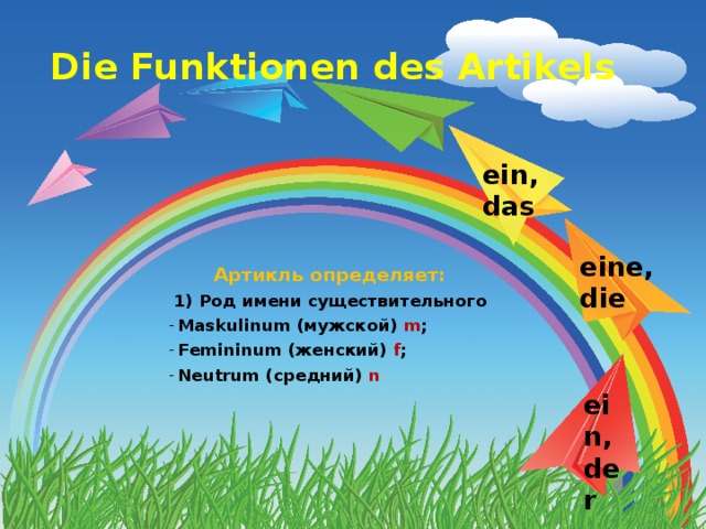 Die Funktionen des Artikels ein, das eine, die Артикль определяет:  1) Род имени существительного Maskulinum (мужской) m ; Femininum (женский) f ; Neutrum (средний) n ein, der 