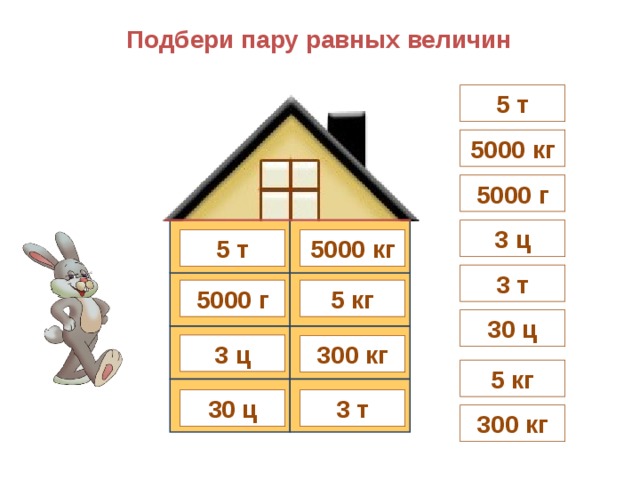 Подбери пару равных величин 5 т 5000 кг 5000 г 3 ц 5000 кг 5 т 3 т 5000 г 5 кг 30 ц 3 ц 300 кг 5 кг 3 т 30 ц 300 кг  