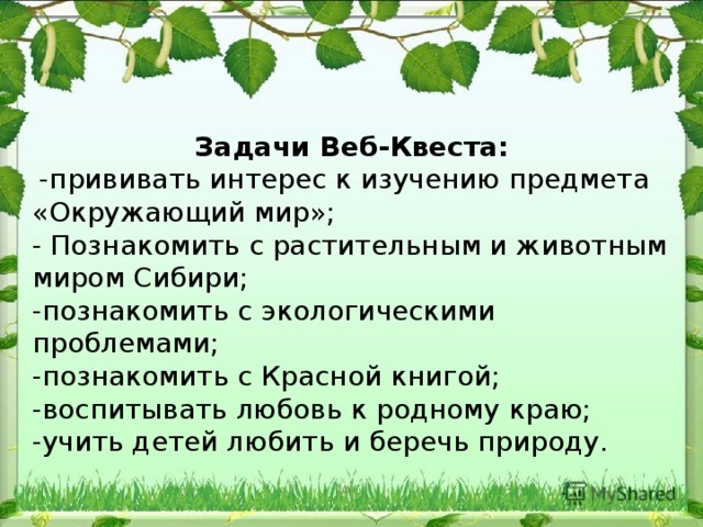 Задачи Веб-Квеста:  -прививать интерес к изучению предмета «Окружающий мир»; - Познакомить с растительным и животным миром Сибири; -познакомить с экологическими проблемами; -познакомить с Красной книгой; -воспитывать любовь к родному краю; -учить детей любить и беречь природу. 