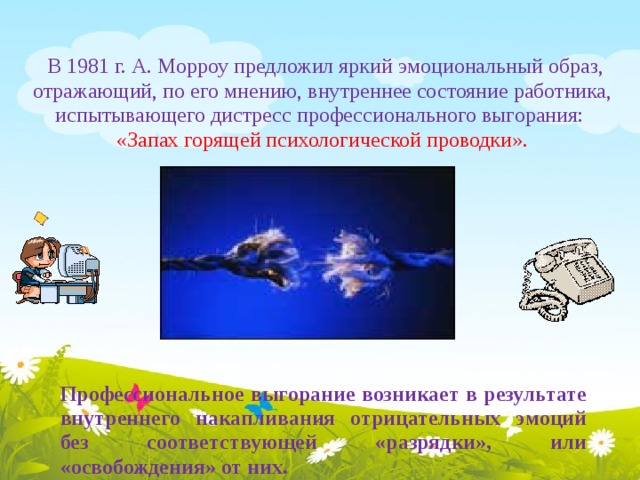  В 1981 г. А. Морроу предложил яркий эмоциональный образ, отражающий, по его мнению, внутреннее состояние работника, испытывающего дистресс профессионального выгорания:  «Запах горящей психологической проводки».      Профессиональное выгорание возникает в результате внутреннего накапливания отрицательных эмоций без соответствующей «разрядки», или «освобождения» от них.   