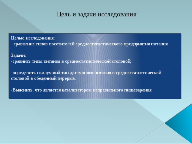 Цель и задачи исследования Целью исследования:  -сравнение типов посетителей среднестатистического предприятия питания. Задачи: -сравнить типы питания в среднестатистической столовой; -определить наилучший тип доступного питания в среднестатистической столовой в обеденный перерыв. -Выяснить, что является катализатором неправильного пищеварения. 