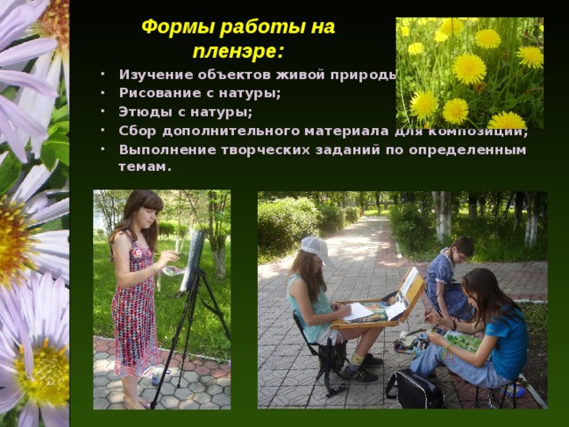 Формы работы на пленэре: Изучение объектов живой природы; Рисование с натуры; Этюды с натуры; Сбор дополнительного материала для композиции; Выполнение творческих заданий по определенным темам.  