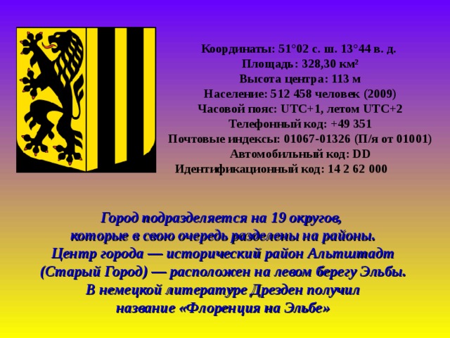 Координаты: 51°02 с. ш. 13°44 в. д. Площадь: 328,30 км² Высота центра: 113 м Население: 512 458 человек (2009) Часовой пояс: UTC+1, летом UTC+2 Телефонный код: +49 351 Почтовые индексы: 01067-01326 (П/я от 01001) Автомобильный код: DD Идентификационный код: 14 2 62 000   Город подразделяется на 19 округов,  которые в свою очередь разделены на районы.  Центр города — исторический район Альтштадт  (Старый Город) — расположен на левом берегу Эльбы.  В немецкой литературе Дрезден получил название «Флоренция на Эльбе» 