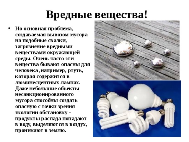 Вредные вещества! Но основная проблема, создаваемая вывозом мусора на подобные свалки, загрязнение вредными веществами окружающей среды. Очень часто эти вещества бывают опасны для человека ,например, ртуть, которая содержится в люминесцентных лампах. Даже небольшие объекты несанкционированного мусора способны создать опасную с точки зрения экологии обстановку - продукты распада попадают в воду, выделяются в воздух, проникают в землю. 