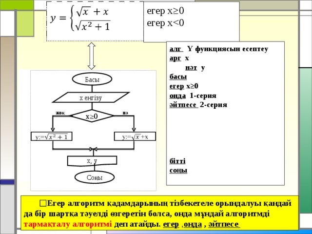 егер x≥0 егер xалг  Y функциясын есептеу арг x  нәт  y басы егер  x≥0 онда  1- серия әйтпесе 2-серия бітті соңы  Басы x енгізу жоқ иә x≥0 x, y Соңы Егер алгоритм қадамдарының тізбекетеле орындалуы қандай да бір шартқа тәуелді өзгеретін болса, онда мұндай алгоритмді тармақталу алгоритмі деп атайды. егер , онда , әйтпесе 