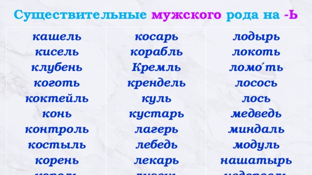 Существительные мужского рода на -Ь кашель  кисель  клубень  коготь  коктейль  конь контроль  костыль косарь  корабль  Кремль  крендель  куль корень  король кустарь лодырь  локоть  ломо′ть лагерь  лебедь  лекарь  ливень лосось  лось медведь  миндаль  модуль  нашатырь  недоросль   