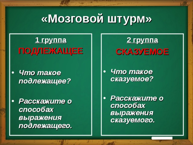 «Мозговой штурм» 1 группа ПОДЛЕЖАЩЕЕ  Что такое подлежащее?  Расскажите о способах выражения подлежащего. 2 группа СКАЗУЕМОЕ   Что такое сказуемое?  Расскажите о способах выражения сказуемого.  