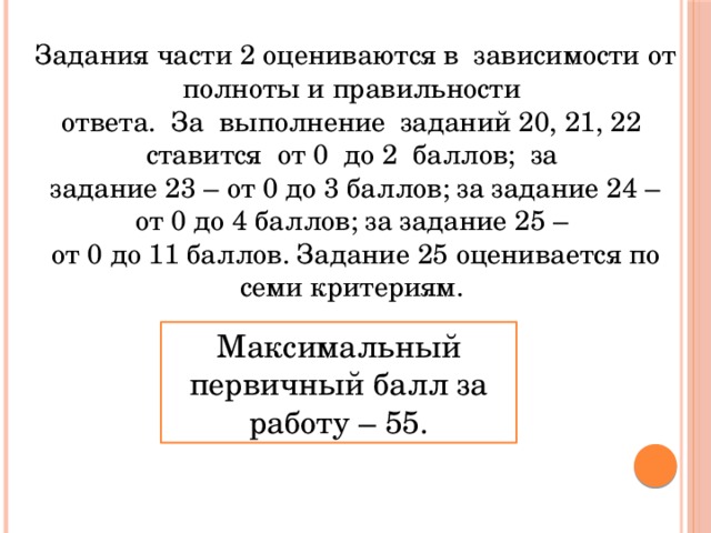 Задания части 2 оцениваются в зависимости от полноты и правильности ответа. За выполнение заданий 20, 21, 22 ставится от 0 до 2 баллов; за задание 23 – от 0 до 3 баллов; за задание 24 – от 0 до 4 баллов; за задание 25 – от 0 до 11 баллов. Задание 25 оценивается по семи критериям. Максимальный первичный балл за работу – 55. 
