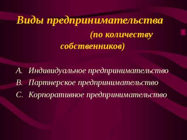 Виды предпринимательства (по количеству собственников)   Индивидуальное предпринимательство Партнерское предпринимательство Корпоративное предпринимательство 